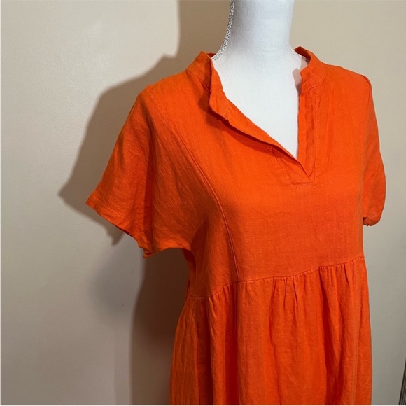Vanessa Zani Orange Linen Midi Dress | Split Neck Short Sleeves | Made in Italy - Picture 3 of 11